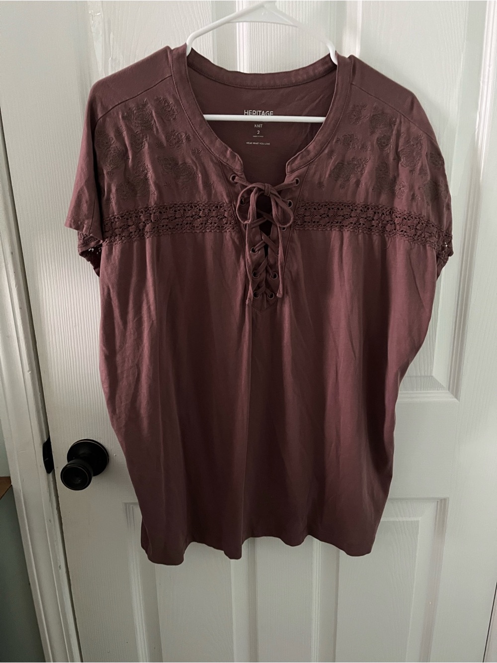 Heritage Lace-Up Embroidered Short Sleeve Top - Mauve